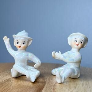 Vintage LEFTON Iridescent Lusterware Porcelain Elf Pixie Candle Hugger Set of 2